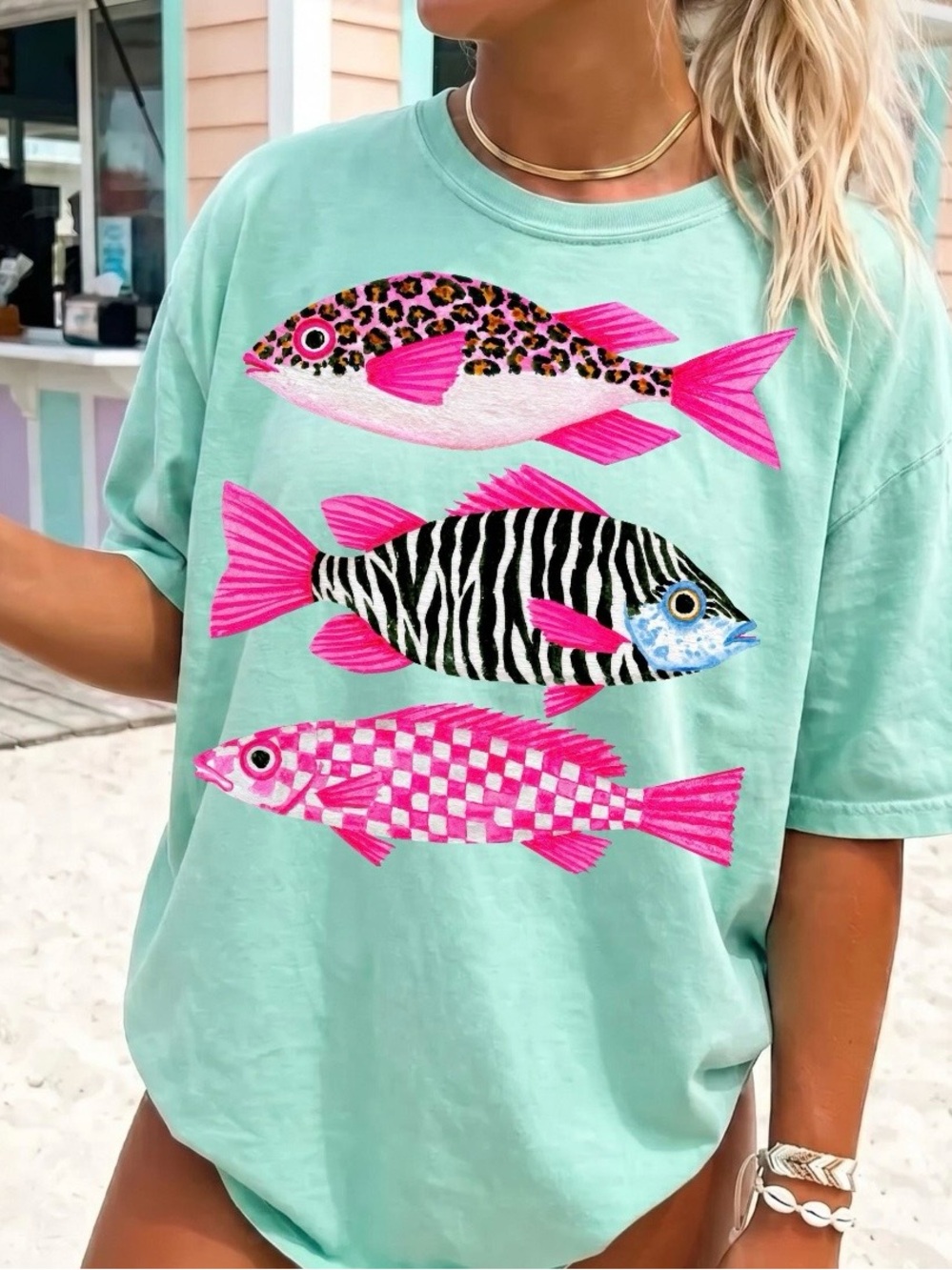 Mint Short-Sleeve Tee with Pink Patterned Fish Graphic